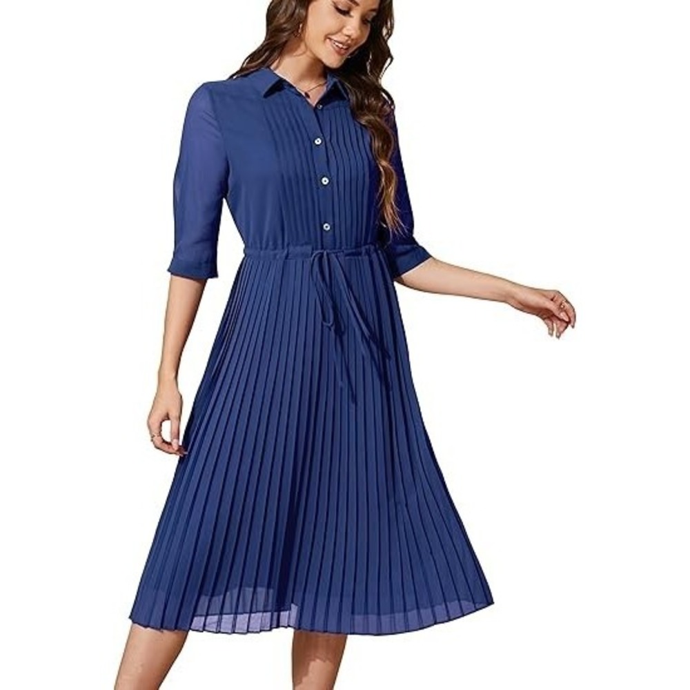 NWT Women V Neck 3/4 Sleeve Pleated A-Line Midi Dress w/Belt - Royal Blue SZ L